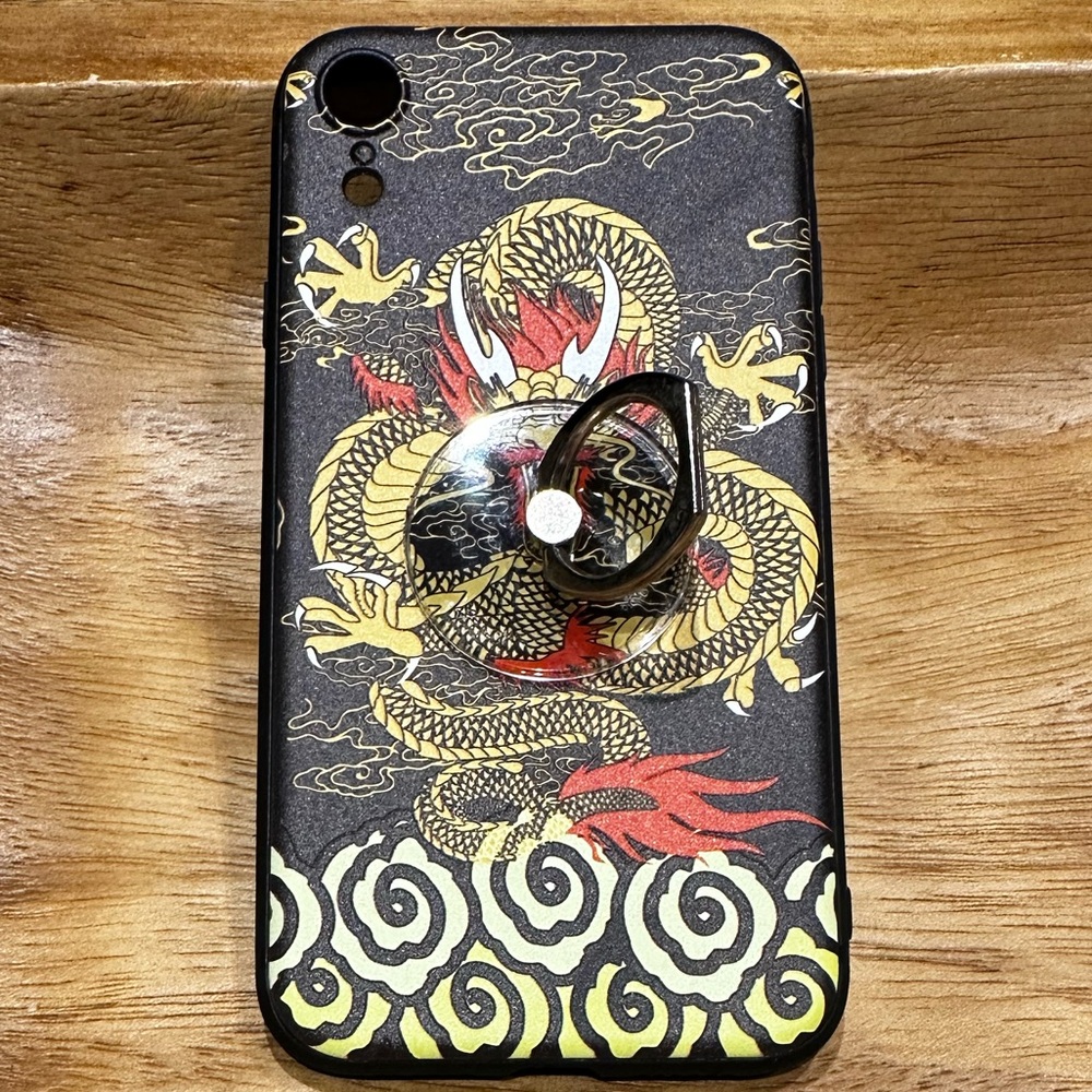 iPhone XR Case with Finger Ring Black Yellow Red Dragon GUC